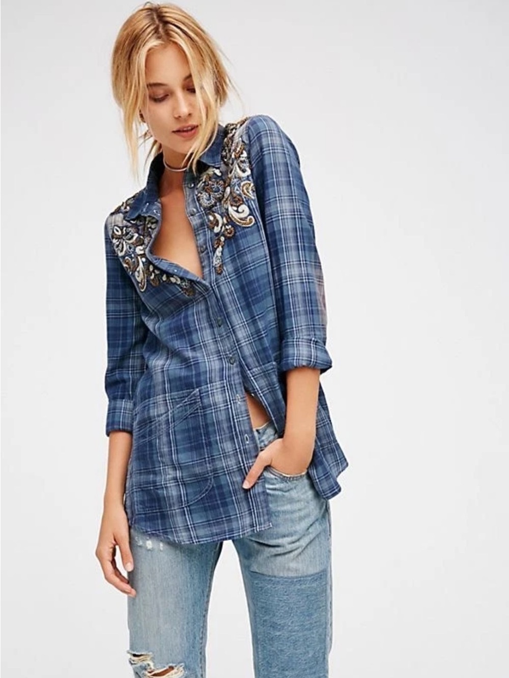 Free People Stevies Embellished Plaid Button down Shirt Blue Flannel Size Small